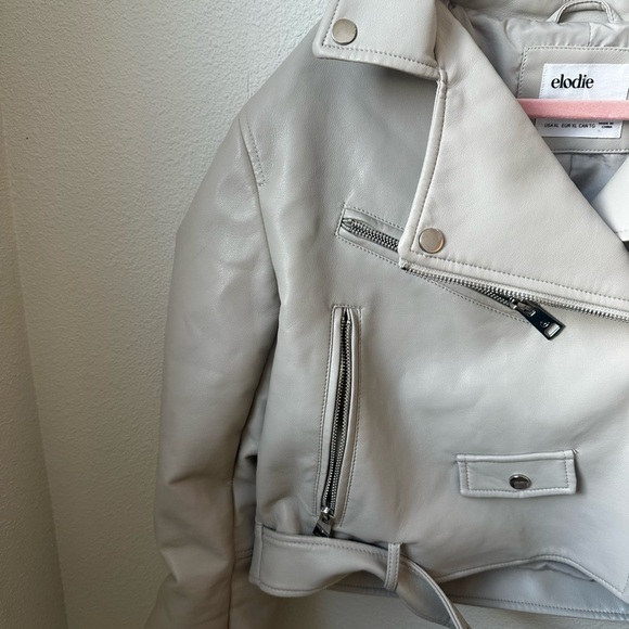 Elodie Cream Faux Leather Moto Jacket XL Cropped Biker Zip Belted - Picture 4 of 11
